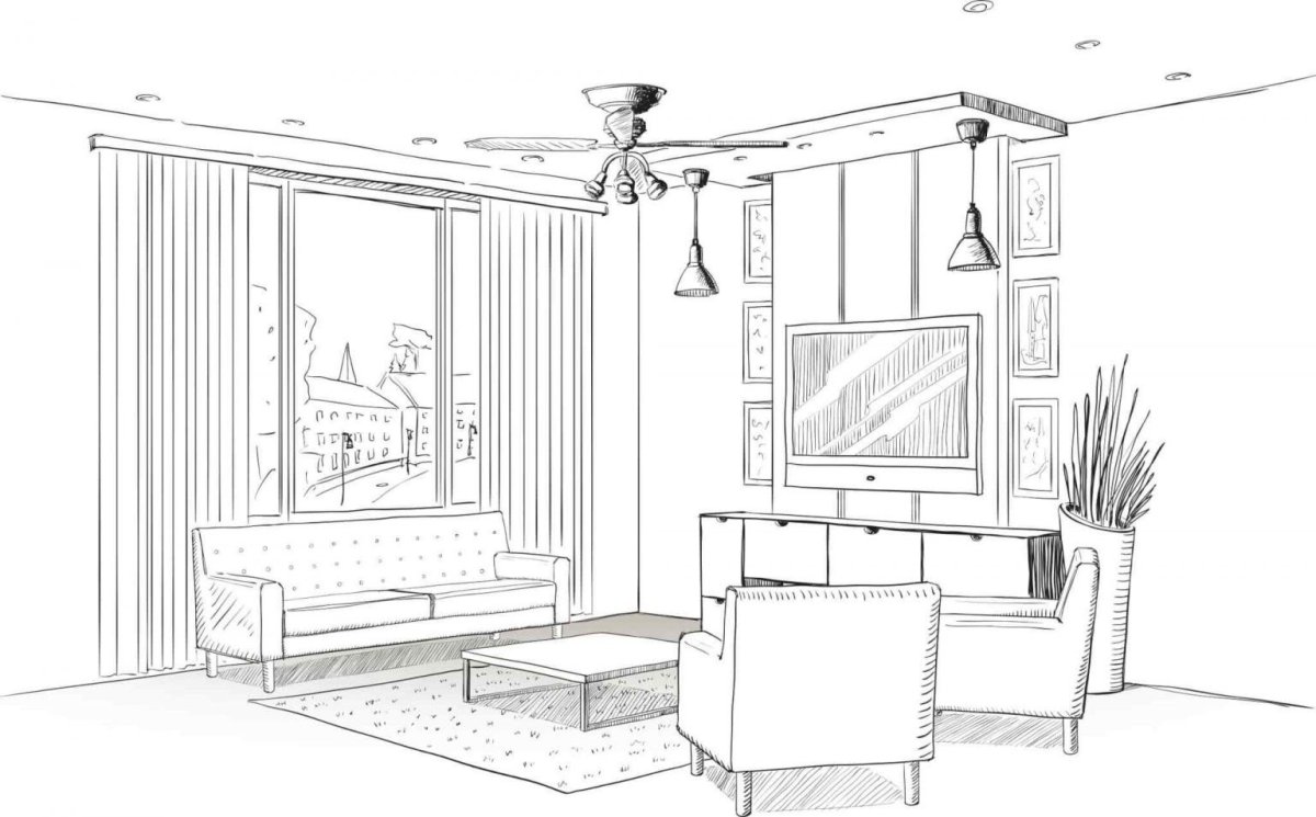 Рисунок детской комнаты с мебелью карандашом