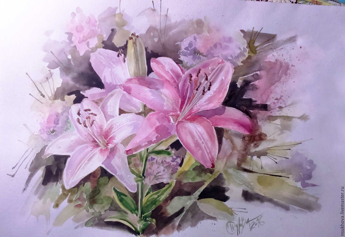 Букет лилий акварель