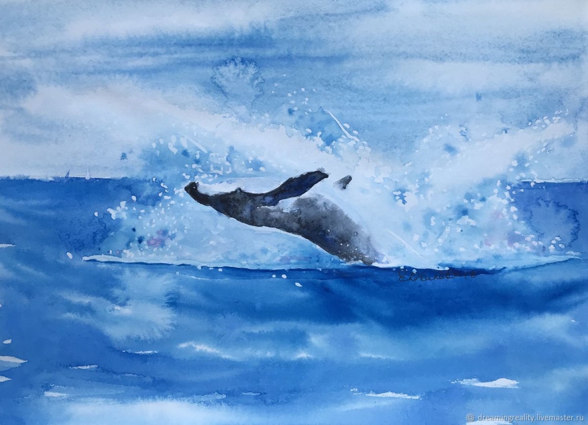 Море кит акварель