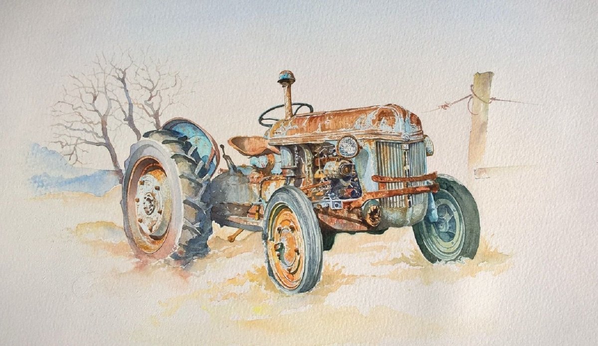 Сенокос на тракторе акварелью