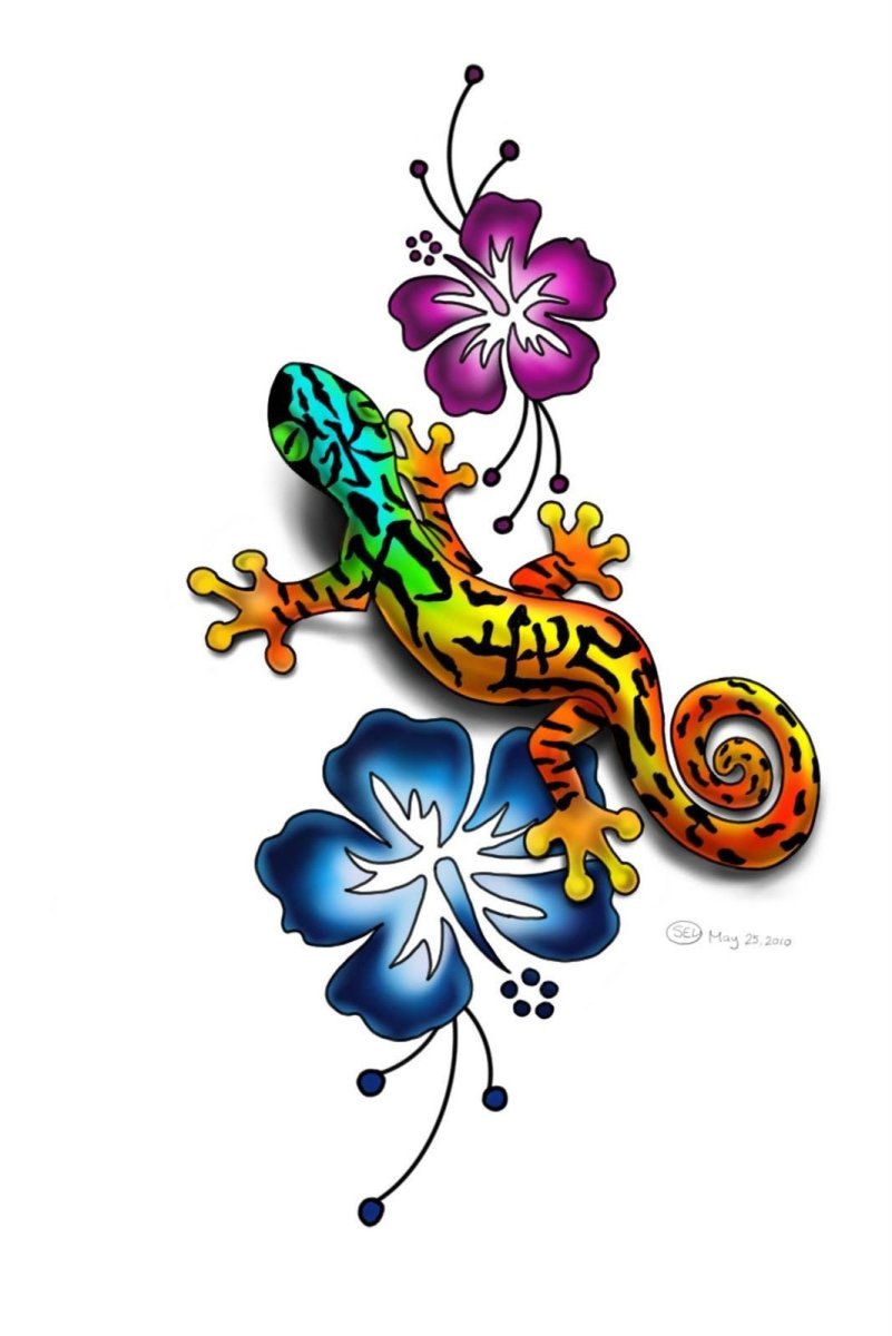 Тату ящерица с цветами