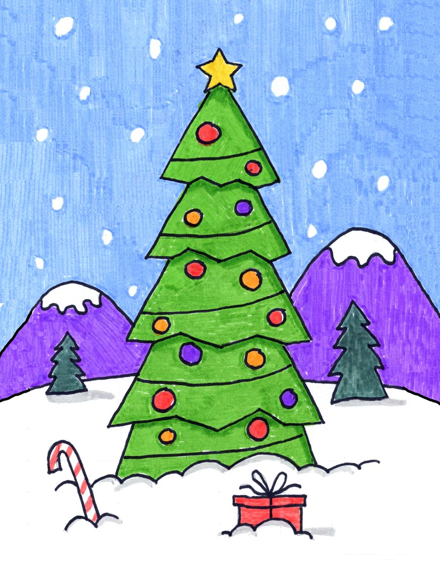 Новогодняя елка рисунок карандашом - 62 фото