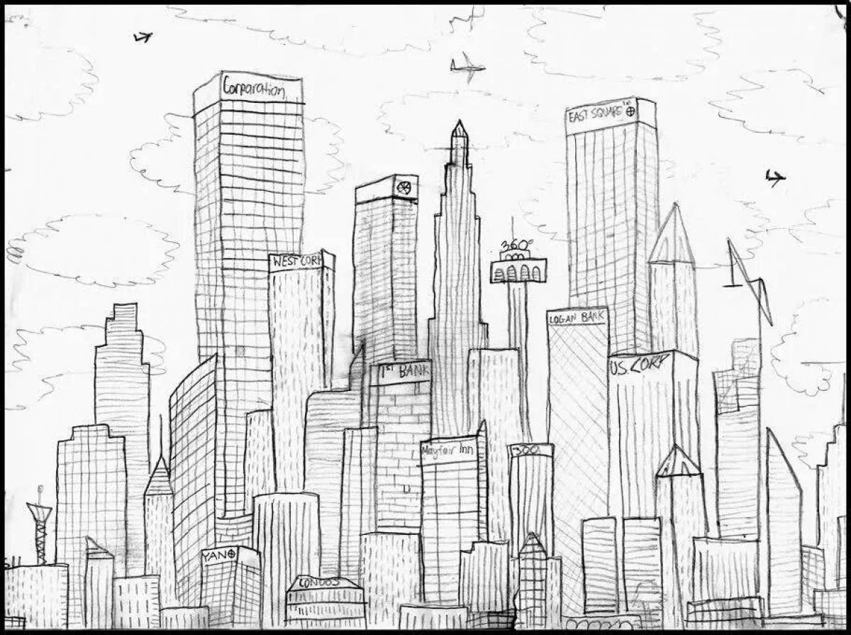 Легкие города 4 буквы. Небоскреб рисунок. Эскиз города. Город рисунок карандашом. Зарисовки города.