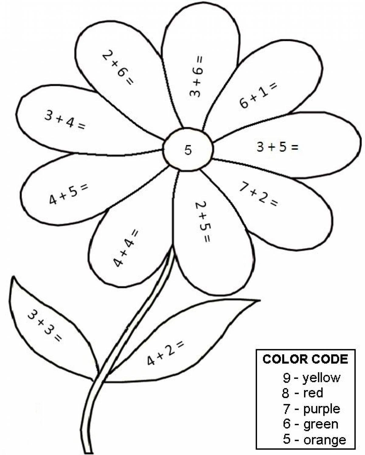 Картинка раскраска 1 класс. Цветик семицветик раскраска для детей. Раскраска математика для дошкольников. Ромашка с примерами для дошкольников. Раскраска с примерами для дошкольников.