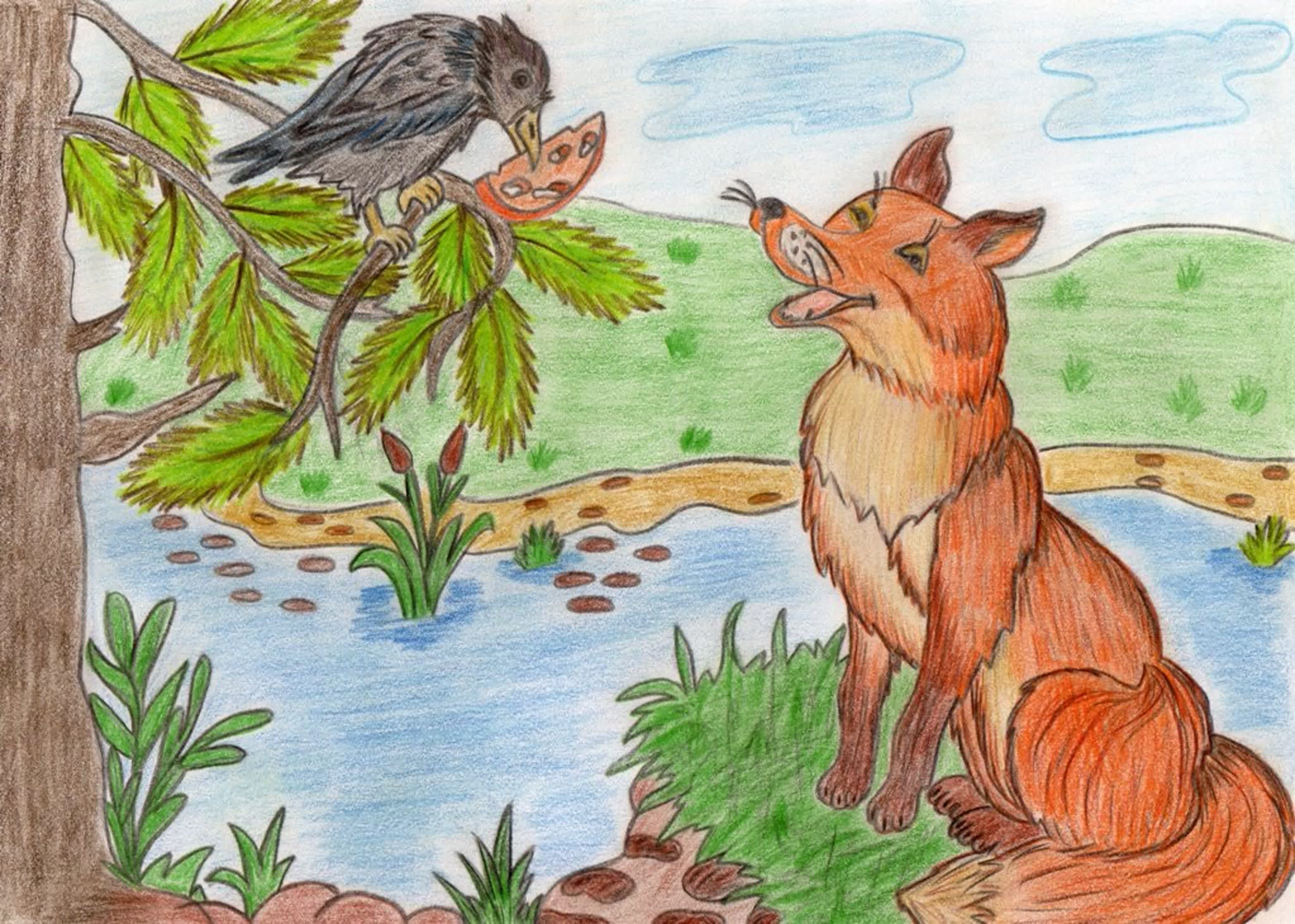 Любое произведение 5 класс. Иллюстрации к басням Крылова. Рисунок к басне ворона и лисица. Иллюстрация ВК басне ворона и лисица. Иллюстрация к басне ворона и лиса.