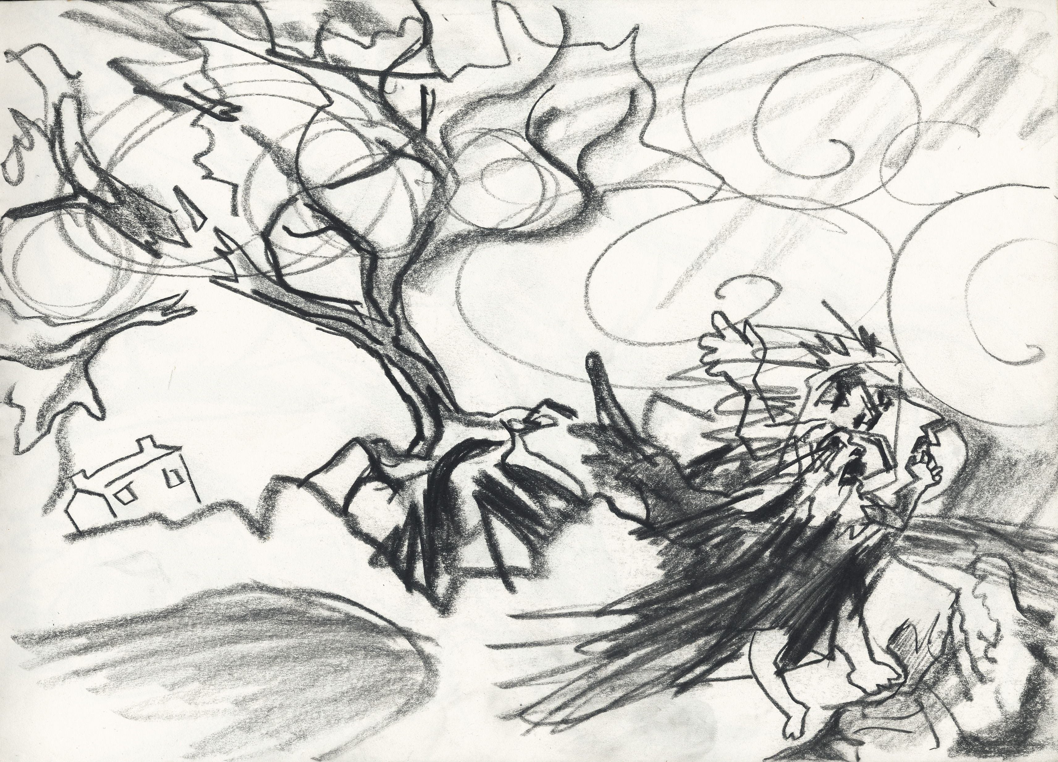 Рисунок к стихотворению в бурю. Ветер рисунок карандашом. Дерево на ветру Графика. Буря рисунок.
