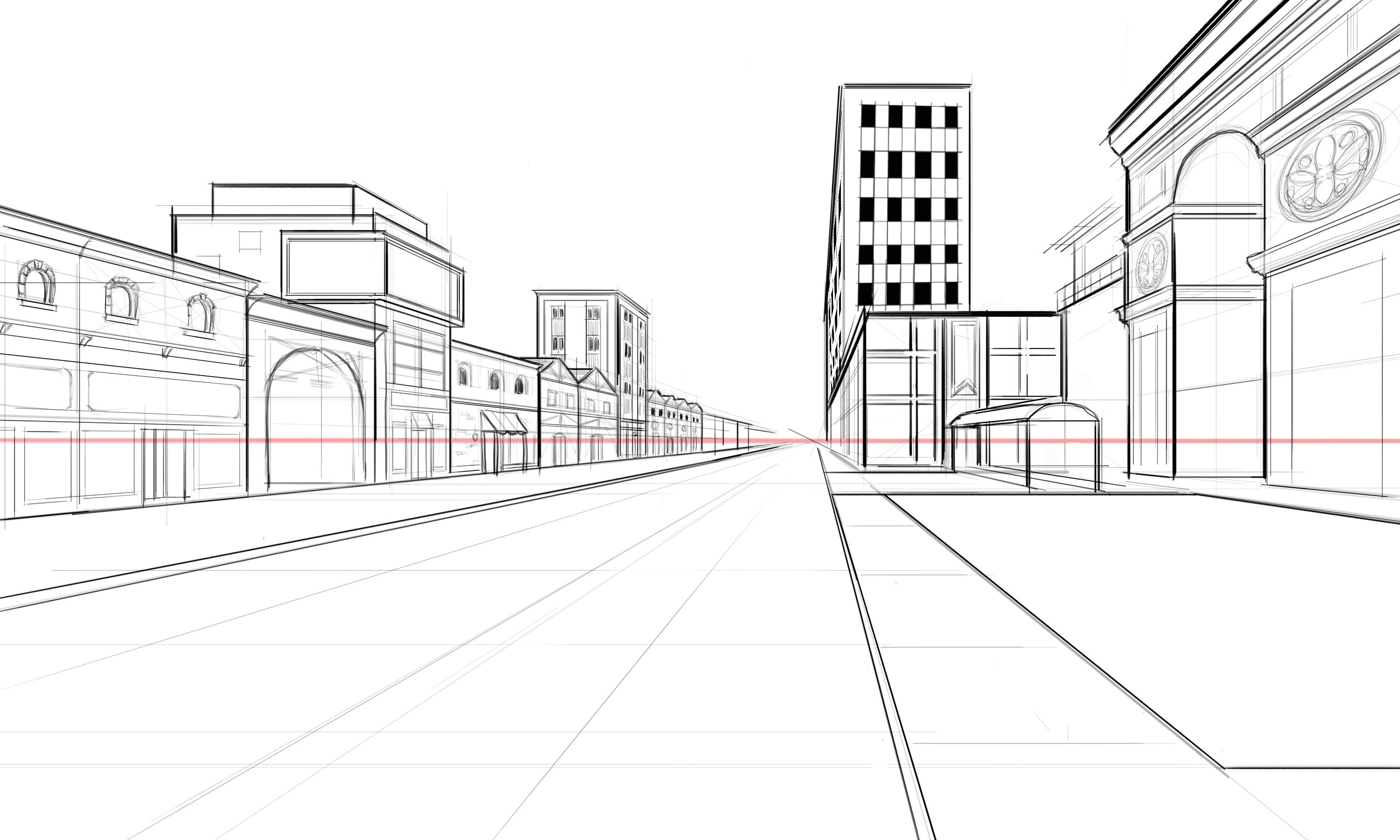 Нарисовать рисунок улицы. Зарисовка города линейная перспектива. Перспектива улицы. Эскиз городского пейзажа. Городской пейзаж в перспективе.