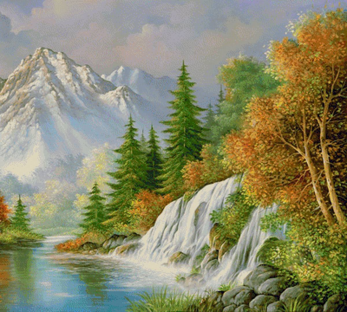 Рисунки природы днем. Боб Росс горы. Вышивка крестом горный пейзаж. Пейзажи природы живопись. Горный пейзаж живопись.
