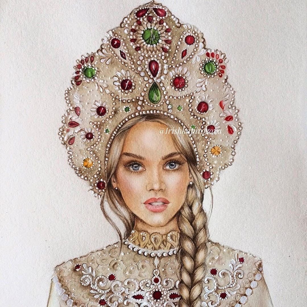 Девушка в кокошнике рисунок