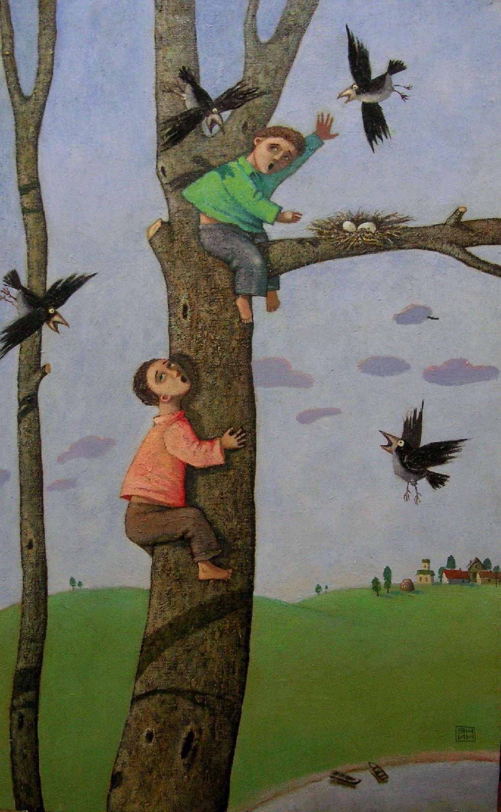 Мальчик и птица полностью. Мальчик на дереве живопись. Мальчишки разорили гнездо. Мальчик на дереве рисунок. Разоренное гнездо.